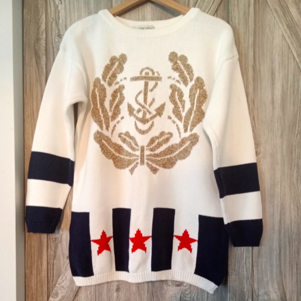Nautical White Cotton Knit Sweater M